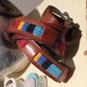 Fossil Leather Belt With Colorful Fabric Inserts Vintage EUC